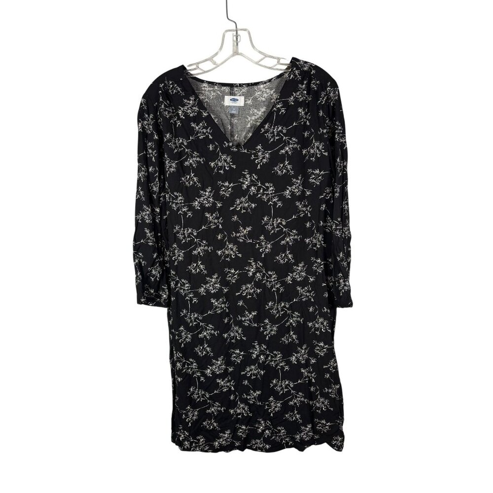 Old Navy SZ Medium Black Floral Print Long Sleeve V-Neck Dress Lightweight Femin